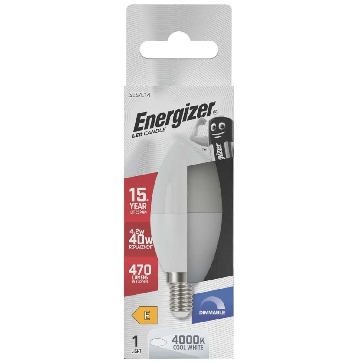 Energizer LED Candle E14 (SES) 470lm Opal 4.2W 4,000K (Cool White) Dimmable
