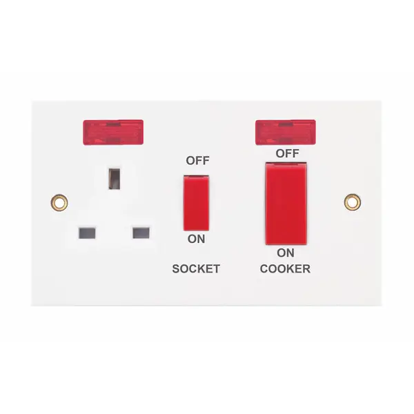 Selectric Square Edged 45 Amp Cooker Unit with 13 Amp Switched Socket and Neons – Red Rockers