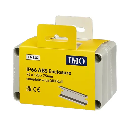 EN11C is a plastic enclosure with plain sided walls. It has an Ingress Protection rating of IP66 and comes complete with Din-Rail.