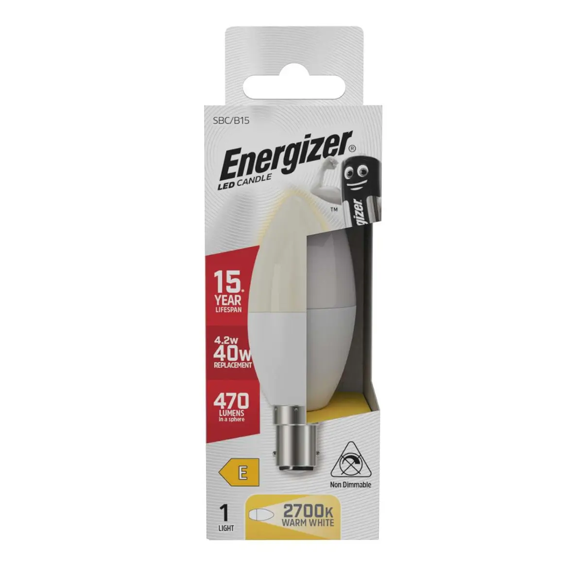 Energizer LED Candle B15 (SBC) 470lm 4.2W 2,700K (Warm White), SBC-B15